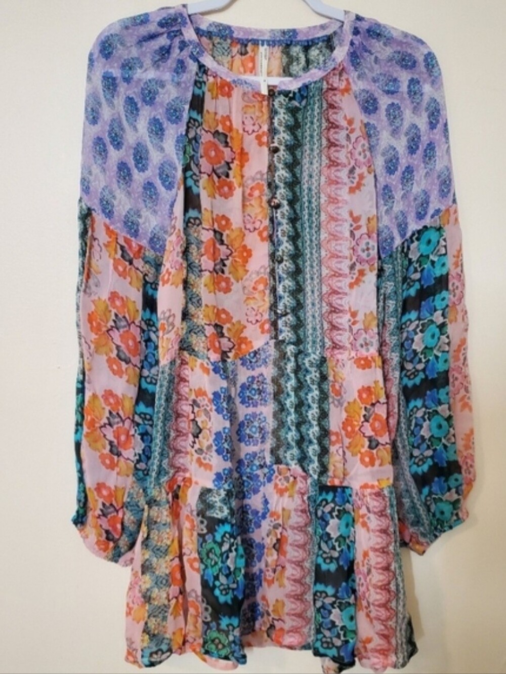 Anthropologie Boho Patchwork Blouse Mini Dress Medium Multi Festival